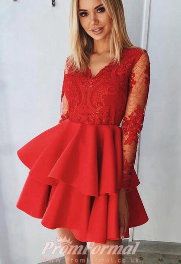 V Neck Long Sleeves Short Red Junior Prom Dress SHORT172