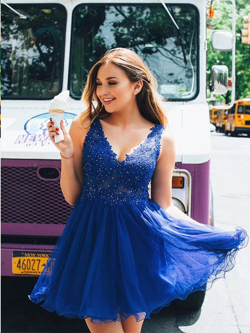 V Neck Short Royal Blue Teen Prom Dress SHORT177