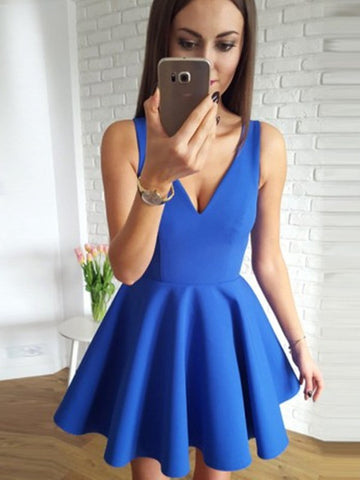 Simple V Neck Short Blue Junior Prom Dress SHORT195