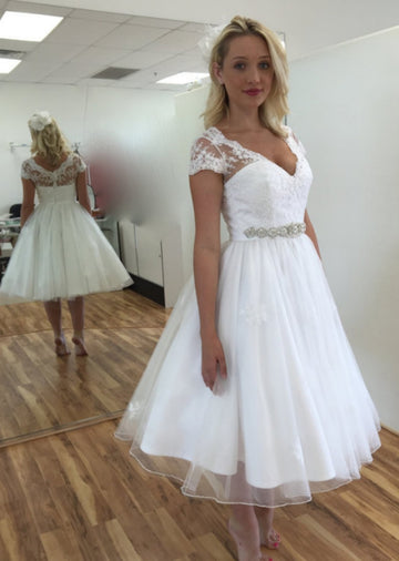 Tea Length V Neck Rockabilly Short Wedding Dress SWD007