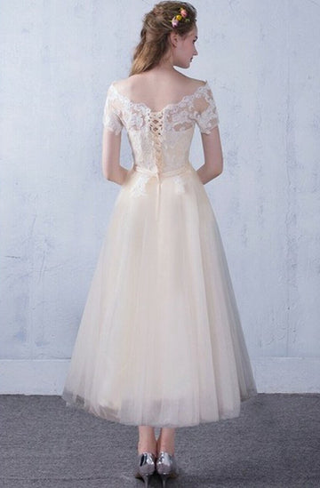 Champagne Tea Length Off The Shoulder After Party Wedding Dress SWD010