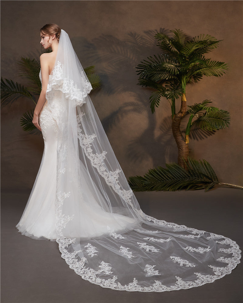 Bridal Long Sweep Train Lace Veil 3M VE007