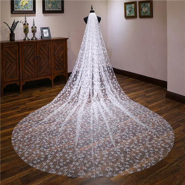 Sweep Train Long Lace Wedding Veil with Pearls 3M VE020