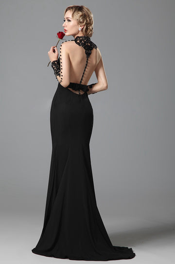 Black Trumpet/Mermaid High Neck Long Sleeve Floor-length Bridesmaid Formal Dress(BDJT1311)