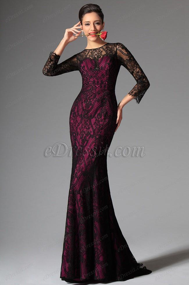 Fuchsia Black Lace Trumpet/Mermaid Jewel 3/4 Length Sleeve Bridesmaid Mother Formal Dress(BDJT1318)
