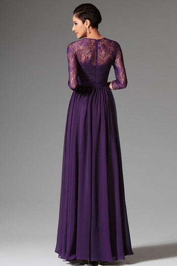 Regency Chiffon Lace V-neck 3/4 Length Sleeve Floor-length With Split Front Bridesmaid Formal Dress(BDJT1319)