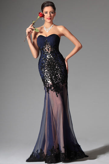 Navy Blue Tulle And Lace Trumpet/Mermaid Sweetheart Bridesmaid Formal Dress(BDJT1328)