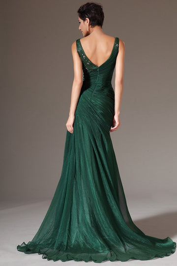 Dark Green Chiffon And Lace Trumpet/Mermaid Straps With Split Front Bridesmaid Formal Dress(BDJT1336)