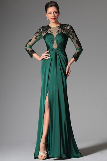 Dark Green Chiffon And Lace Trumpet/Mermaid 3/4 Length Sleeve With Split Front  Mother Bridesmaid Formal Dress(BDJT1338)
