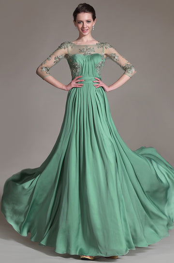 Green Chiffon And Lace 3/4 Length Sleeve Mother Bridesmaid Formal Dress(BDJT1340)