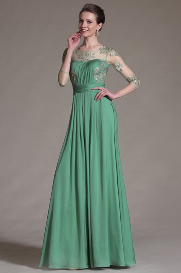 Green Chiffon And Lace 3/4 Length Sleeve Mother Bridesmaid Formal Dress(BDJT1340)
