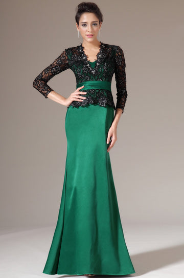 Green Black Lace Trumpet/Mermaid V-neck 3/4 Length Sleeve Mother Bridesmaid Formal Dress(BDJT1341)