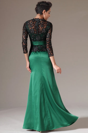 Green Black Lace Trumpet/Mermaid V-neck 3/4 Length Sleeve Mother Bridesmaid Formal Dress(BDJT1341)