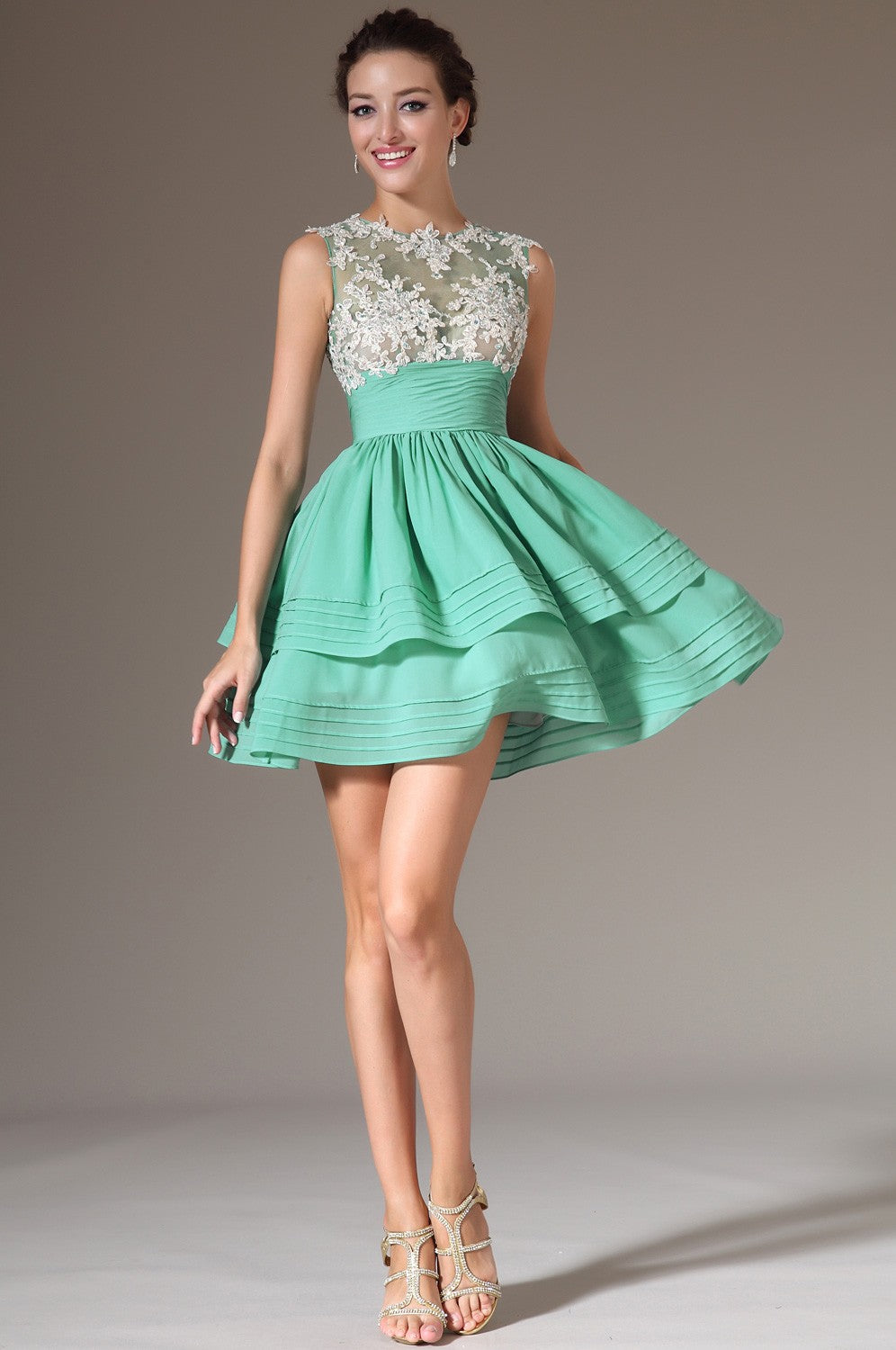 Light Green Chiffon And Lace A-line Jewel Short/Mini Bridesmaid Formal Dress(BDJT1342)