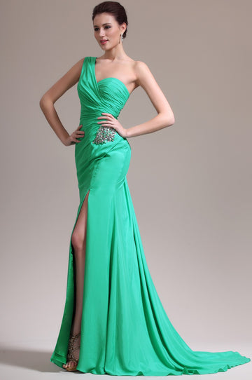 Green 100D Chiffon Trumpet/Mermaid One Shoulder With Split Front Bridesmaid Formal Dress(BDJT1343)