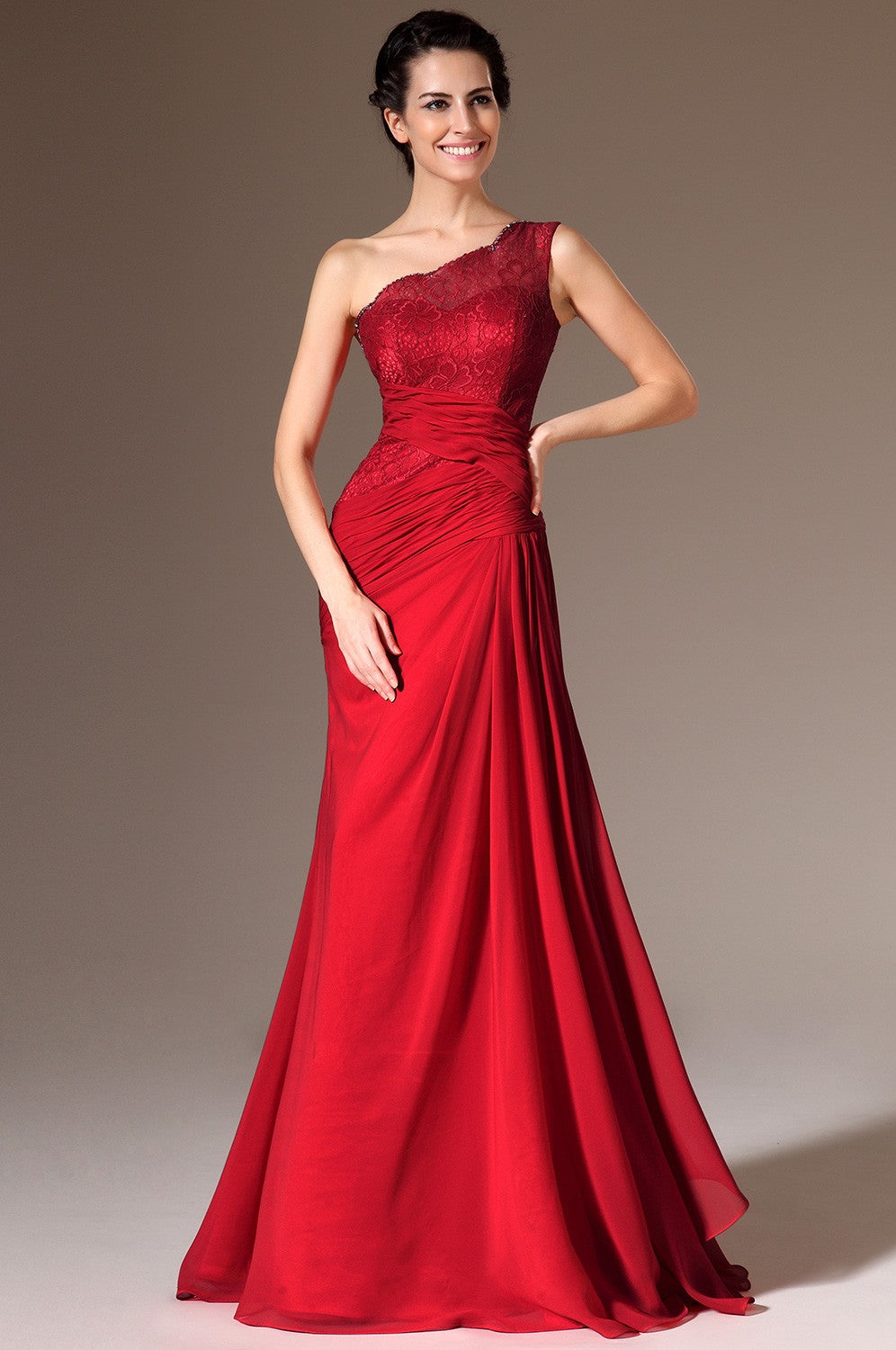 Red Chiffon And lace Trumpet/Mermaid One Shoulder Bridesmaid Formal Dress(BDJT1350)