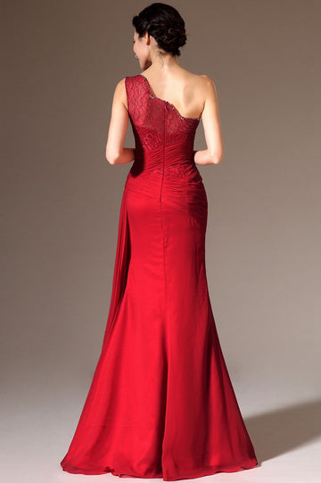 Red Chiffon And lace Trumpet/Mermaid One Shoulder Bridesmaid Formal Dress(BDJT1350)