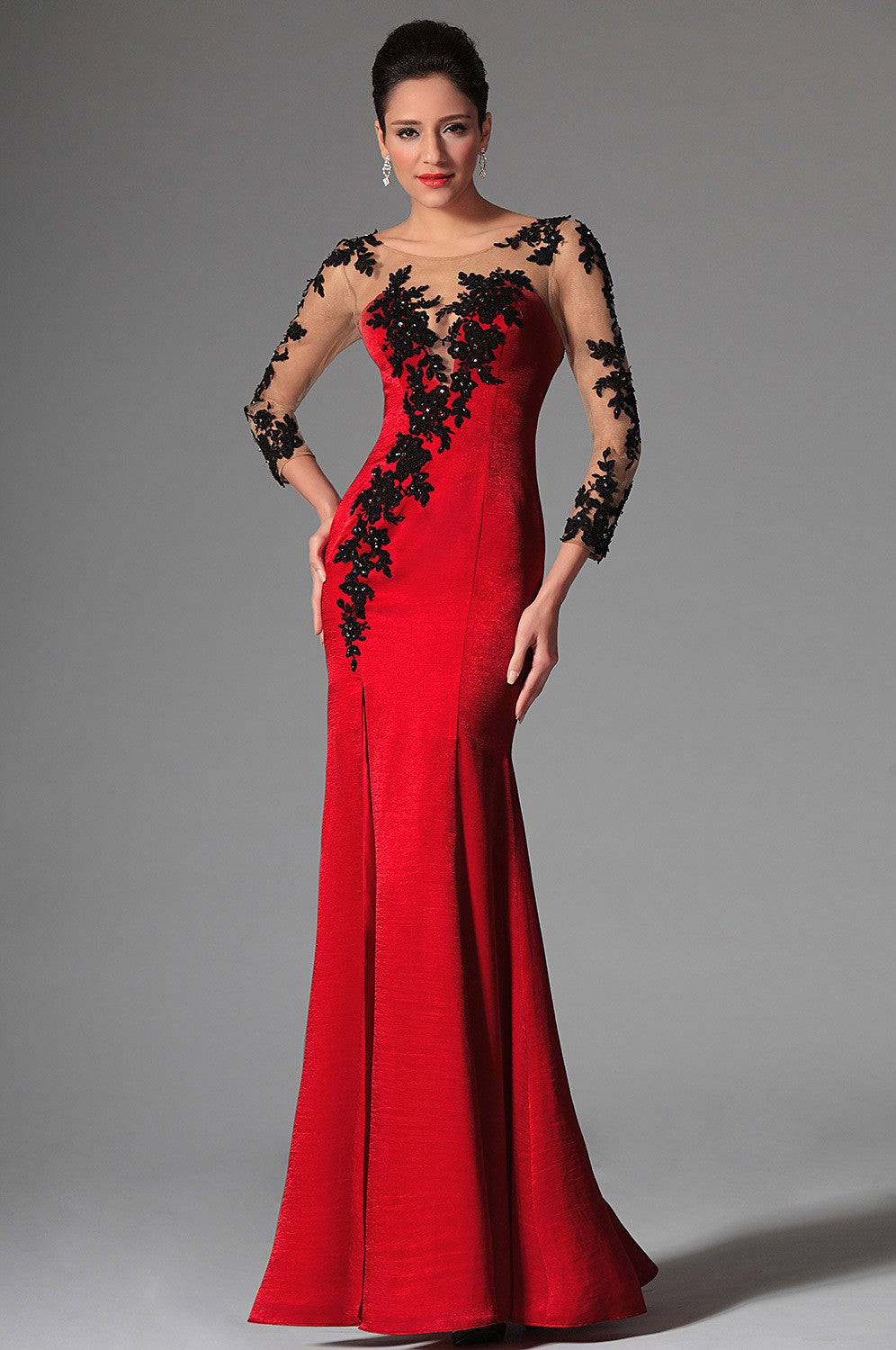 Red Black Lace Linen Trumpet/Mermaid 3/4 Length Sleeve Mother Bridesmaid Formal Dress(BDJT1357)