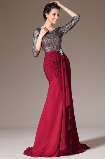 Burgundy Black Lace Trumpet/Mermaid 3/4 Length Sleeve Mother Bridesmaid Formal Dress(BDJT1360)