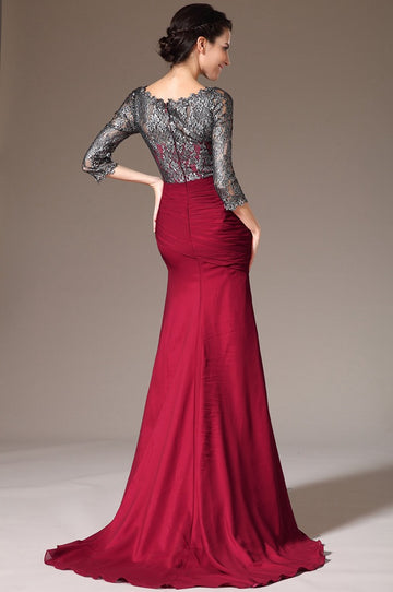 Burgundy Black Lace Trumpet/Mermaid 3/4 Length Sleeve Mother Bridesmaid Formal Dress(BDJT1360)