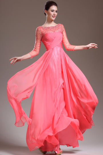 Watermelon Chiffon And Tulle A-line 3/4 Length Sleeve Mother Bridesmaid Formal Dress(BDJT1361)