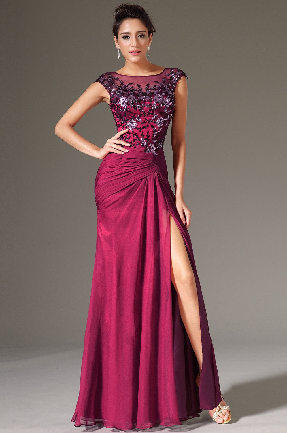 Burgundy Trumpet/Mermaid Short Sleeve With Split Front Mother Bridesmaid Formal Dress(BDJT1362)