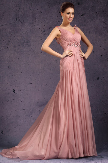 Nude Pink Chiffon Sheath/Column V-neck Bridesmaid Mother Formal Dress(BDJT1363)