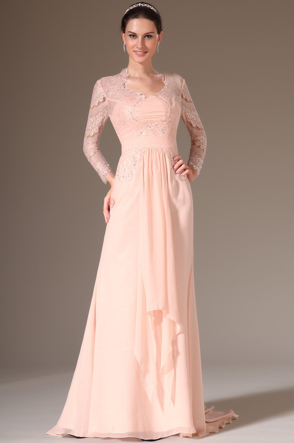 Pearl Pink Chiffon And Lace A-line Scalloped Long Sleeve Mother Bridesmaid Formal Dress(BDJT1371)
