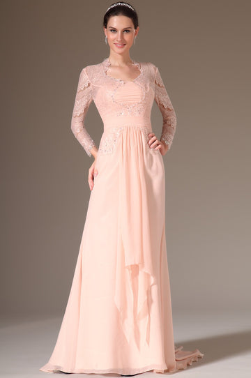 Pearl Pink Chiffon And Lace A-line Scalloped Long Sleeve Mother Bridesmaid Formal Dress(BDJT1371)