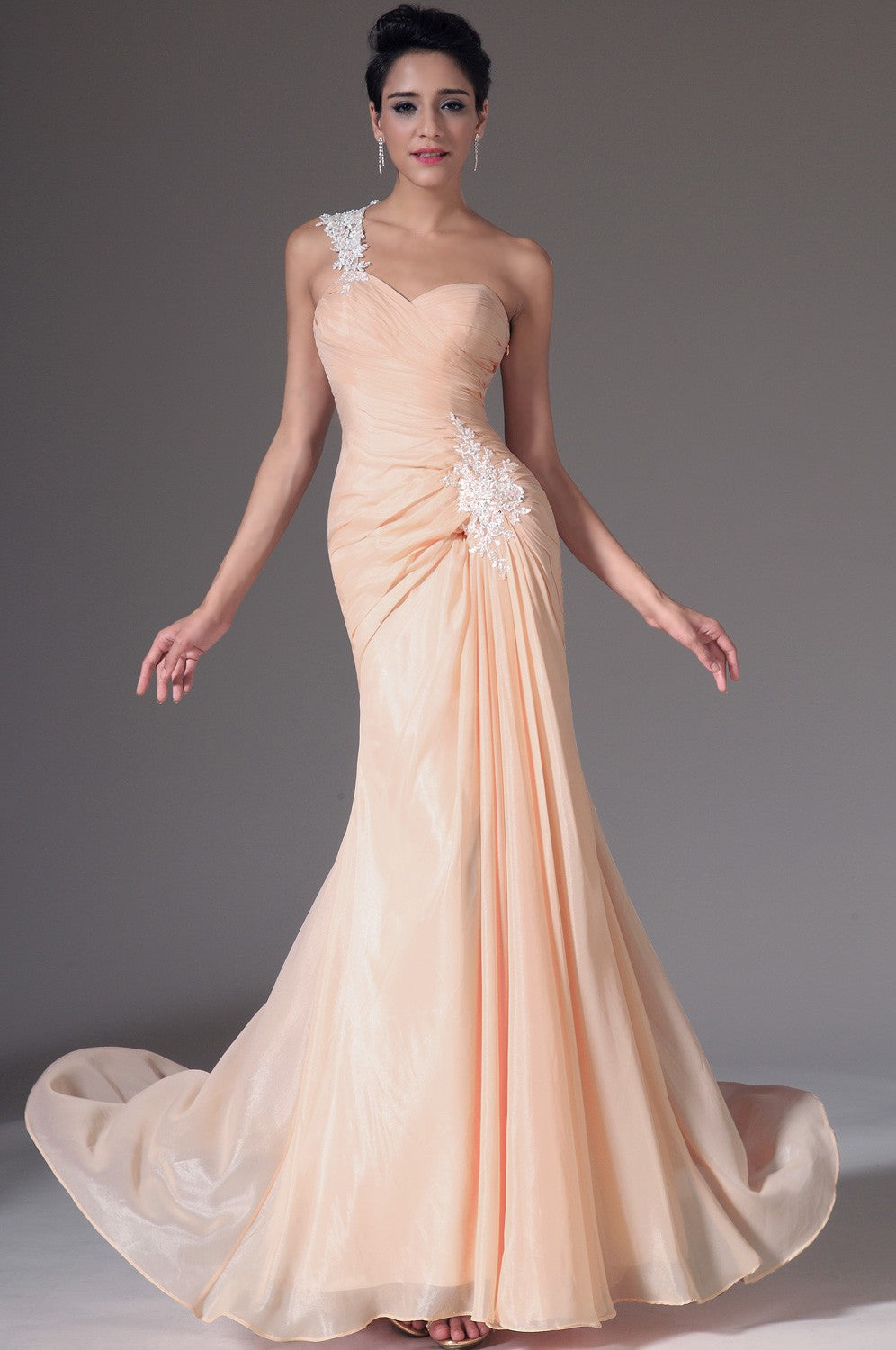Pearl Pink 100D Chiffon Trumpet/Mermaid One Shoulder Bridesmaid Formal Dress(BDJT1375)