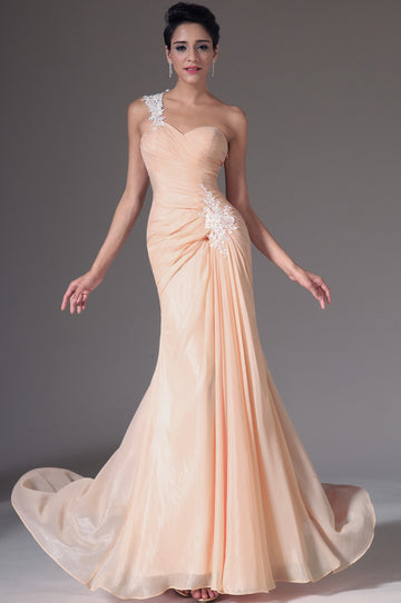 Pearl Pink 100D Chiffon Trumpet/Mermaid One Shoulder Bridesmaid Formal Dress(BDJT1375)