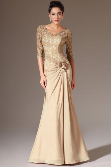 Gold Chiffon And Lace Trumpet/Mermaid V-neck Half Sleeve Mother Bridesmaid Formal Dress(BDJT1379)