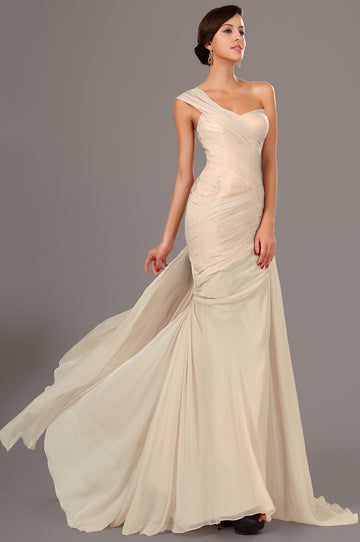 Champagne 100D Chiffon Trumpet/Mermaid One Shoulder Bridesmaid Formal Dress(BDJT1380)