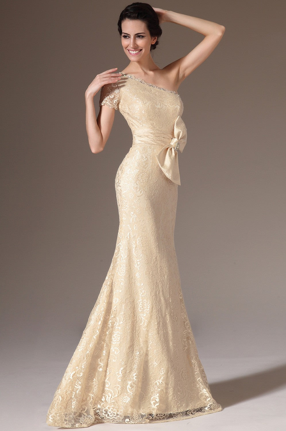 Champagne Lace Trumpet/Mermaid One Shoulder Short Sleeve Mother Bridesmaid Formal Dress(BDJT1383)