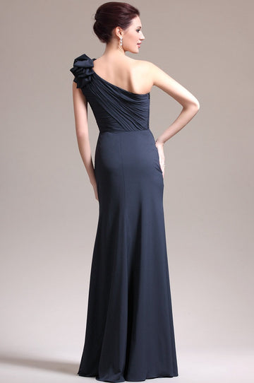 Dark Navy 100D Chiffon Trumpet/Mermaid One Shoulder With Split Front Bridesmaid Formal Dress(BDJT1387)