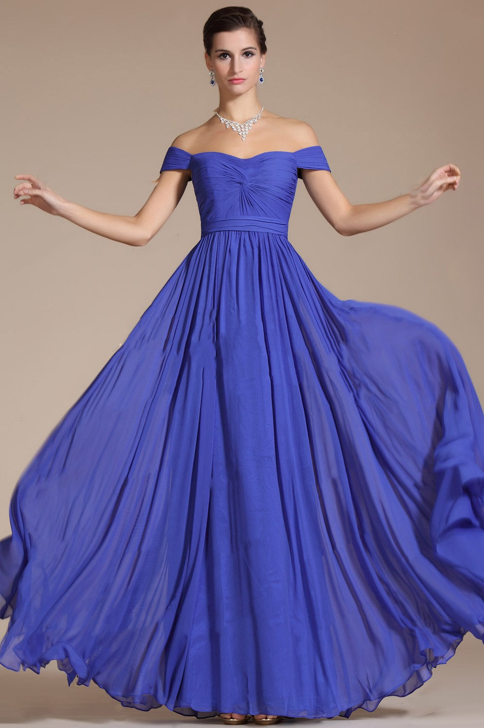 Royal Blue 100D Chiffon A-line Off The Shoulder Short Sleeve Bridesmaid Formal Dress(BDJT1394)