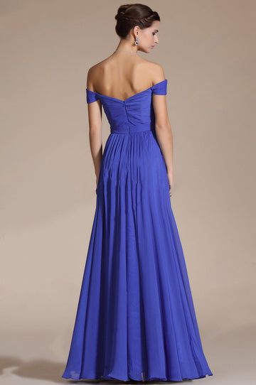 Royal Blue 100D Chiffon A-line Off The Shoulder Short Sleeve Bridesmaid Formal Dress(BDJT1394)