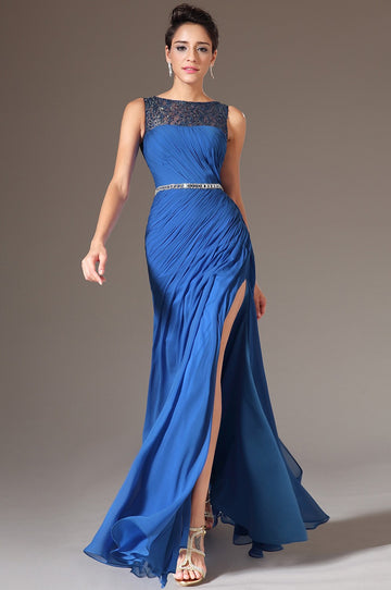 Royal Blue Chiffon And Lace Sheath/Column Bateau With Split Front Bridesmaid Formal Dress(BDJT1397)