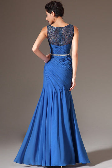 Royal Blue Chiffon And Lace Sheath/Column Bateau With Split Front Bridesmaid Formal Dress(BDJT1397)