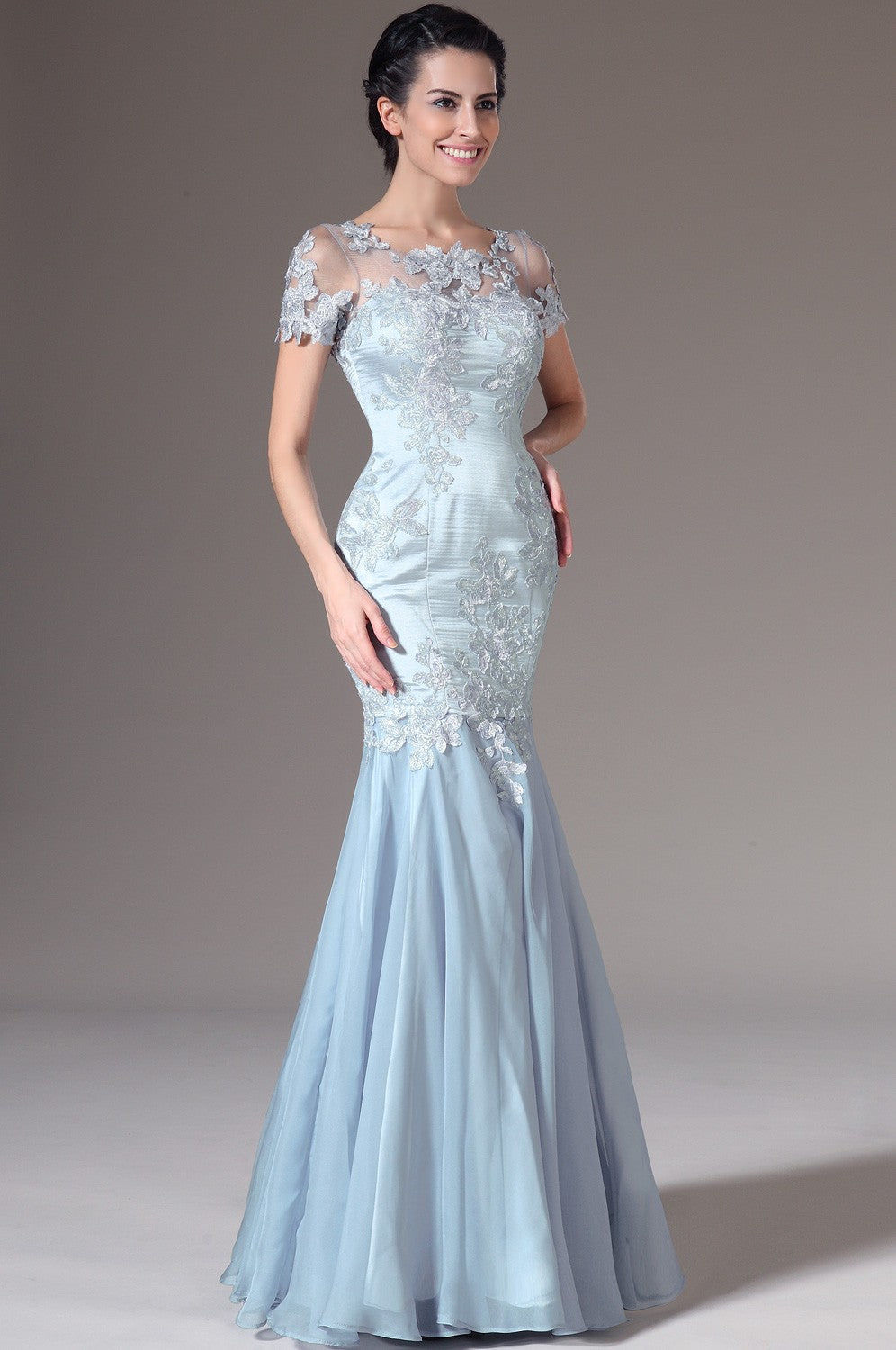 Sky Blue Chiffon And Lace Trumpet/Mermaid Short Sleeve Bridesmaid Formal Dress(BDJT1402)