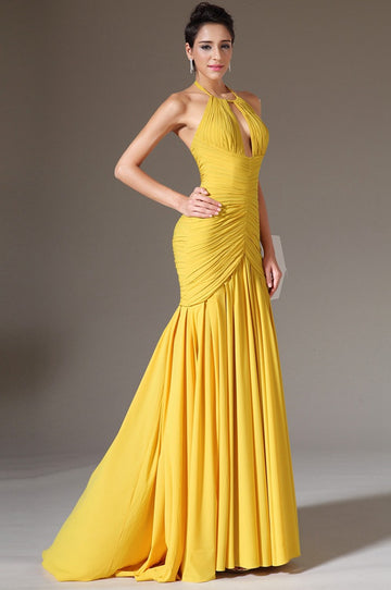 Yellow 100D Chiffon Trumpet/Mermaid Halter Bridesmaid Formal Dress(BDJT1403)