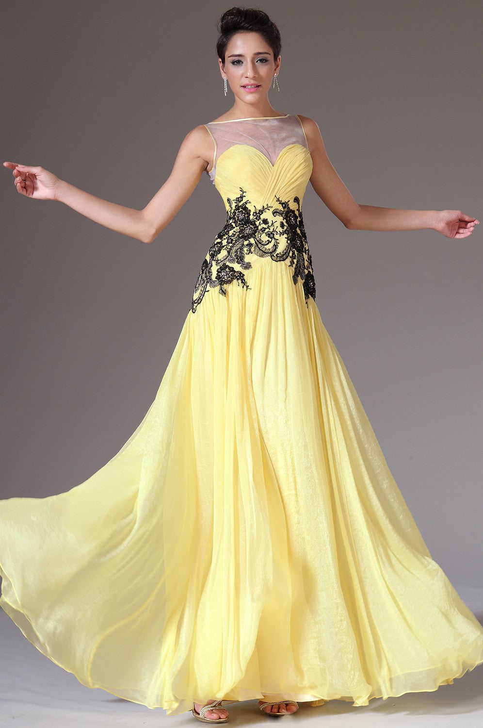 Yellow Chiffon And Lace A-line Bateau Bridesmaid Formal Dress(BDJT1404)
