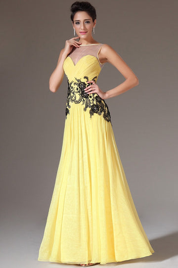 Yellow Chiffon And Lace A-line Bateau Bridesmaid Formal Dress(BDJT1404)