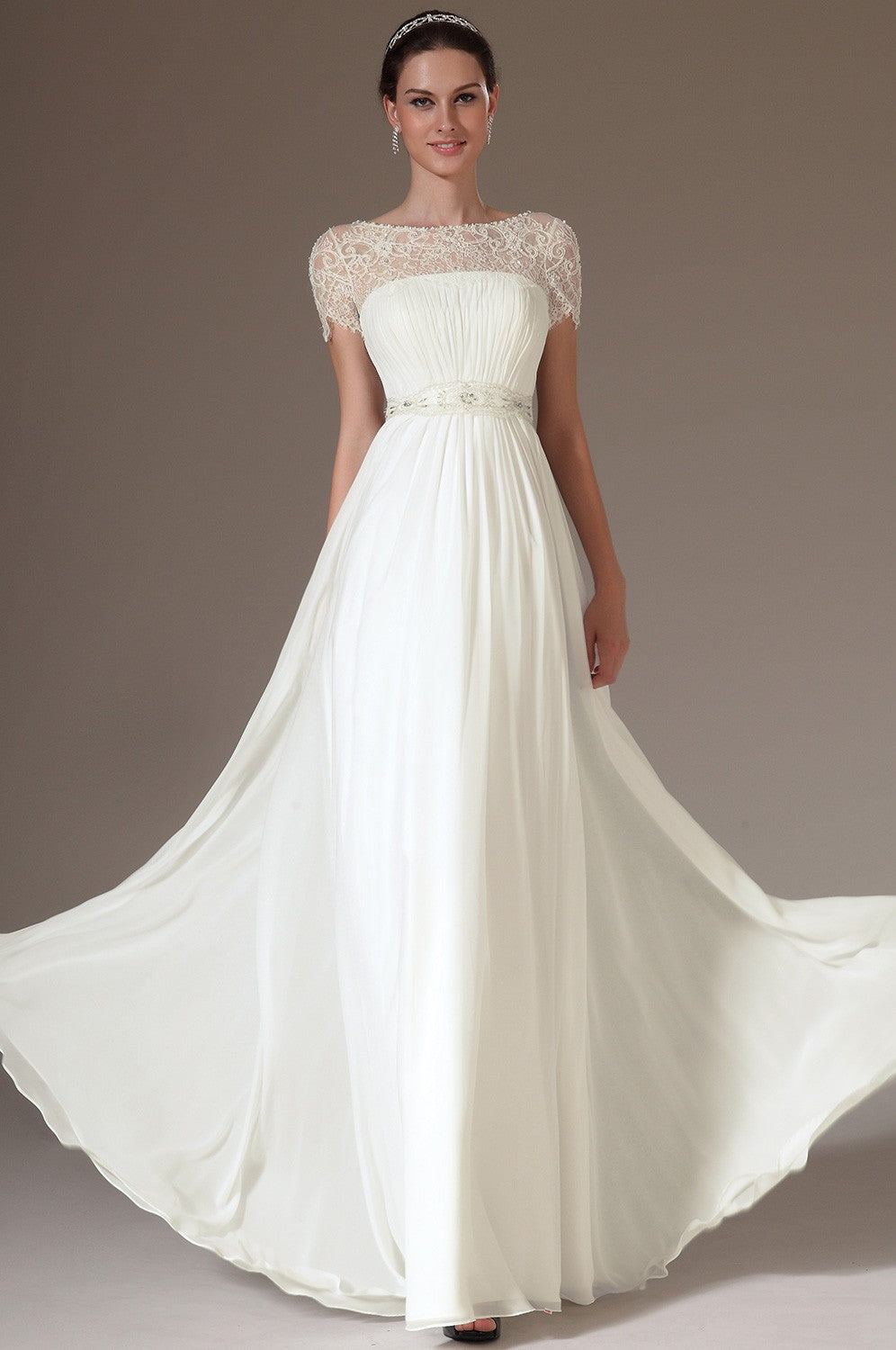 White Chiffon And Lace A-line Short Sleeve Mother Bridesmaid Formal Dress(BDJT1405)