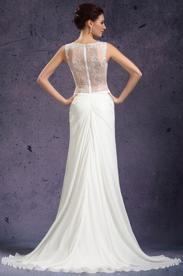 White Chiffon And Lace Sheath/Column Bateau Bridesmaid Formal Dress(BDJT1406)