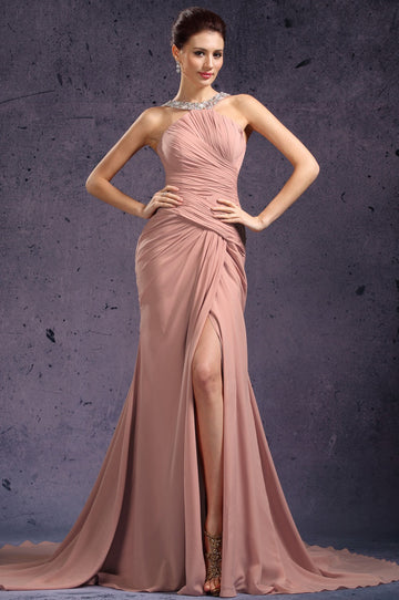 Nude Pink 100D Chiffon Trumpet/Mermaid Halter With Split Front Bridesmaid Formal Dress(BDJT1408)