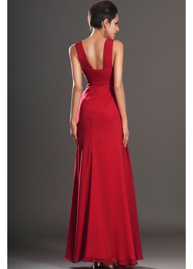 Red 100D Chiffon A-line One Shoulder With Split Front Bridesmaid Forma