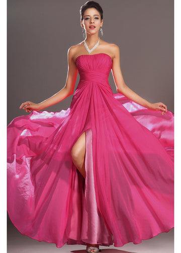 Fuchsia Velvet Chiffon A-line Strapless With Split Front Bridesmaid Formal Dress(BDJT1417)