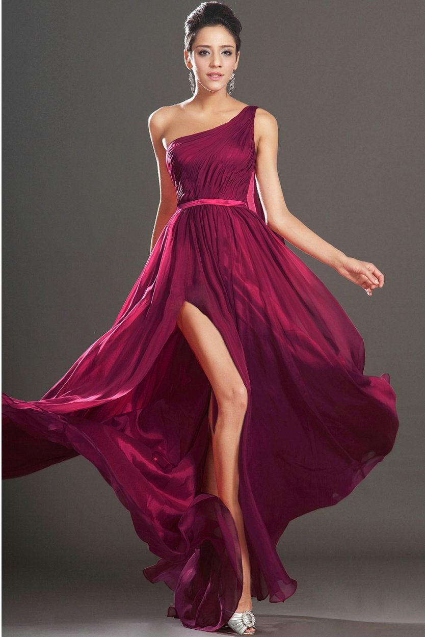 Burgundy 100D Chiffon A-line One Shoulder With Split Front Bridesmaid Formal Dress(BDJT1419)