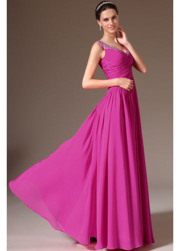 Fuchsia 100D Chiffon A-line V-neck Bridesmaid Formal Dress(BDJT1430)